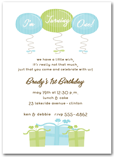 Blue And Green 1st Birthday Presents & Balloons Invitation 