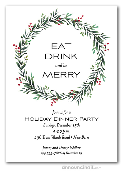 Red Berry Winter Wreath Christmas Holiday Party Invitations