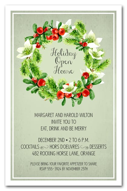 Wreath on Sage Holiday Christmas Party Invitations
