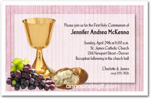 Chalice, Bread and Grapes Girl's First Communion, Baptism Invitations