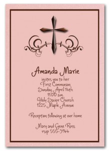 Swirled Brown Cross on Shimmery Pink Religious Invitations