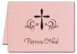 Swirled Brown Cross on Shimmery Pink Thank You Notes