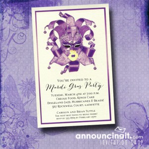 Shimmery Purple Venetian Mask Mardi Gras Party Invitations