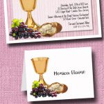 Chalice Grapes and Bread on Pink Girl’s First Communion Invitations