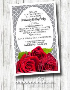 Fresh Red Roses Kentucky Derby Party Invitations are the perfect way to invite guests to your Derby party, derby themed bridal shower, birthday party, retirement party and more...just change the wording to fit your occasion. See our entire collection at Announcingit.com