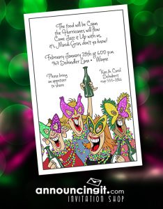 Mardi Gras Revelers are painting the town New Orleans style while they hide behind their Mardi Gras masks enjoying their cocktails and collecting lots of prized mardi gras beads. Come see all our Mardi Gras Party Invitations at Announcingit.com