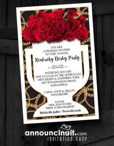 Vase of Roses on Black Kentucky Derby Party Invitations are the perfect way to invite guests to your Derby party, derby themed bridal shower, birthday party, retirement party and more...just change the wording to fit your occasion. See our entire collection at Announcingit.com