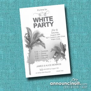 Palm tree silhouettes are featured on the Palm Tree All White Summer Party Invitations from Announcingit.com