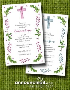 Pink or Blue Cross and Leaves Invitations for First Communion, Baptism or Christening Invitations | See more at Announcingit.com