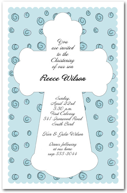 Baptism, Christening, Communion: Cross on Blue Curls Religious Invitations