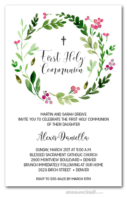 Pink Buds Wreath First Communion Invitations