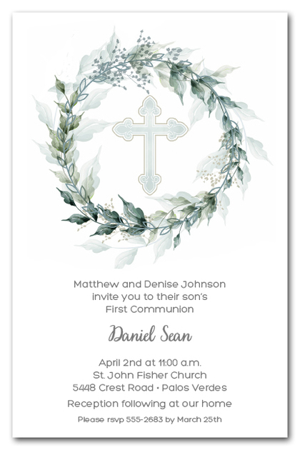 Sage Wreath Blue Cross Invitations Communion Baptism Christening