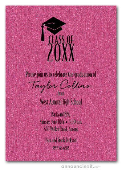 Grad Hat on Shimmery Hot Pink Graduation Invitations or Announcements