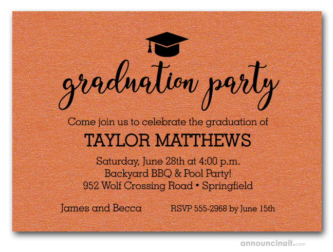 Grad Hat On Shimmery Orange Graduation Party Invitations Or Announcements