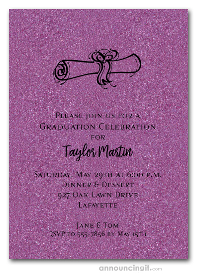 Diploma on Shimmery Purple Graduation Invitations or Announcements