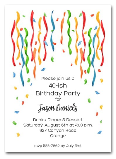 Watercolor Streamers and Confetti Birthday Party Invitations