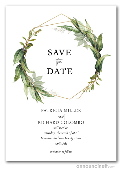 Foliage on Gold Geometric Wreath Wedding Save the Date Cards